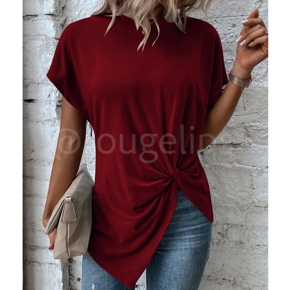 Rouge! Tops - Twist Detail Burgundy Tee Shirt Short Sleeve Round Neck